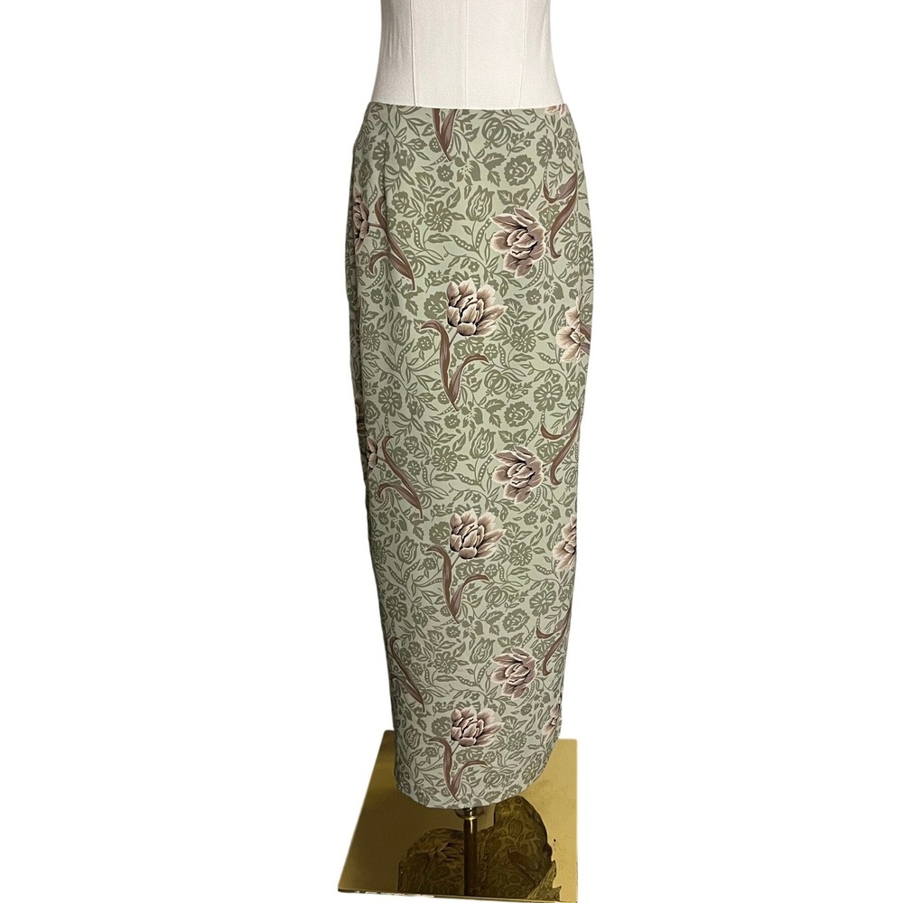 Vintage Ecru Sage Green Floral Maxi Skirt High Waisted USA Made Romantic Cottage